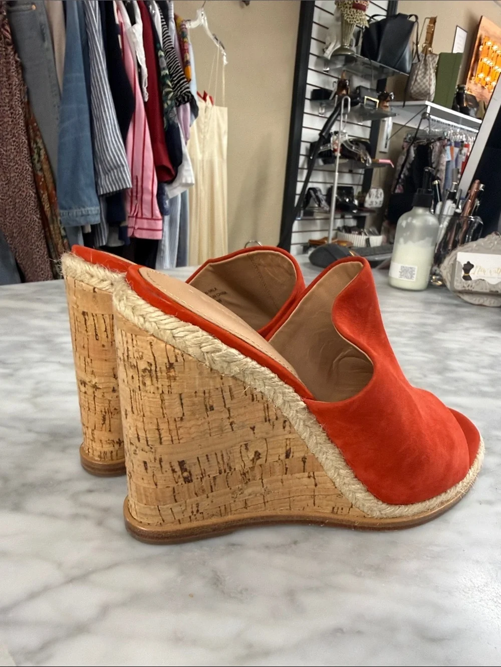 Sigerson Morrison Coral Red Suede Slip on Wedge NEW Size 7
